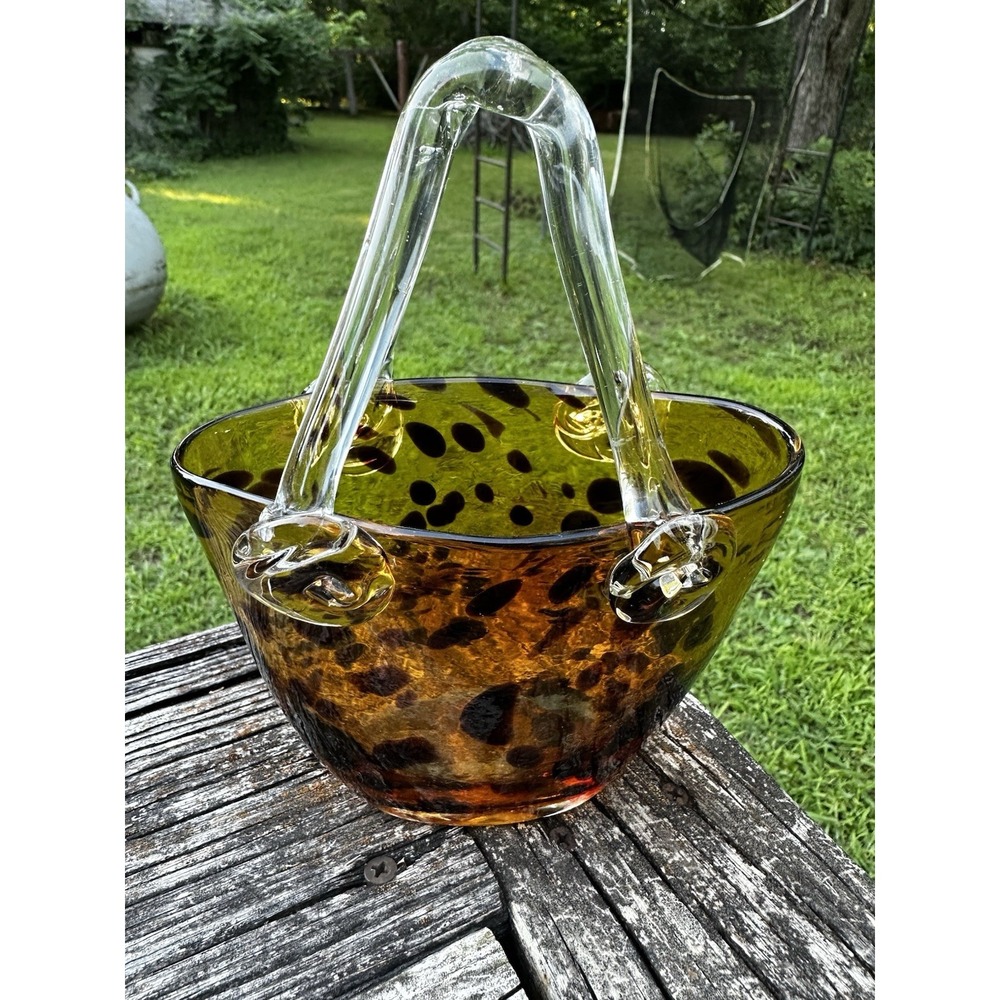 Tortoise Hand Blown Glass Purse Vase Cheetah Print Art Basket Murano Style